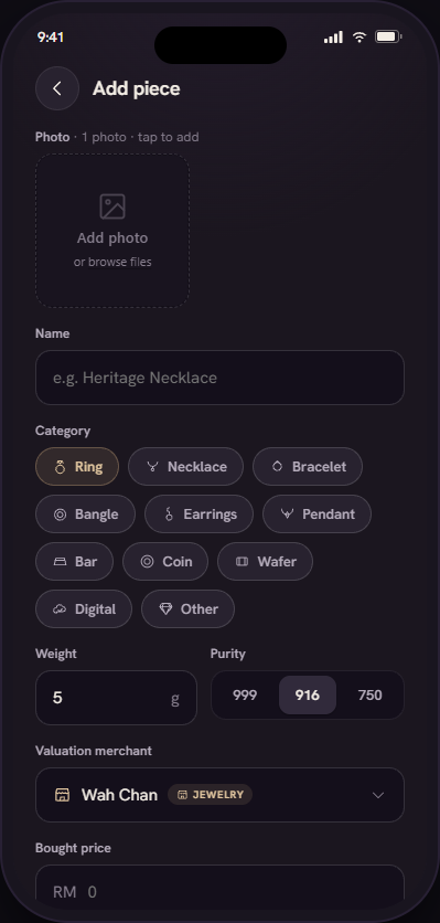 Add a Piece screen